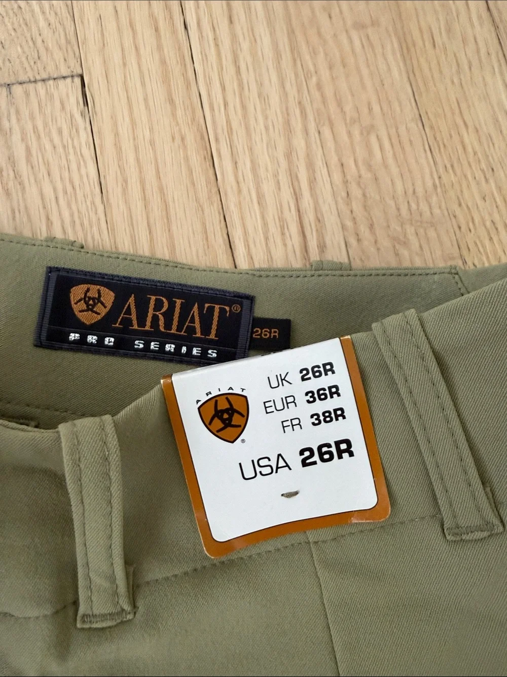Ariat Olive Green Riding Breeches with Brown Knee Patches - Picture 3 of 4